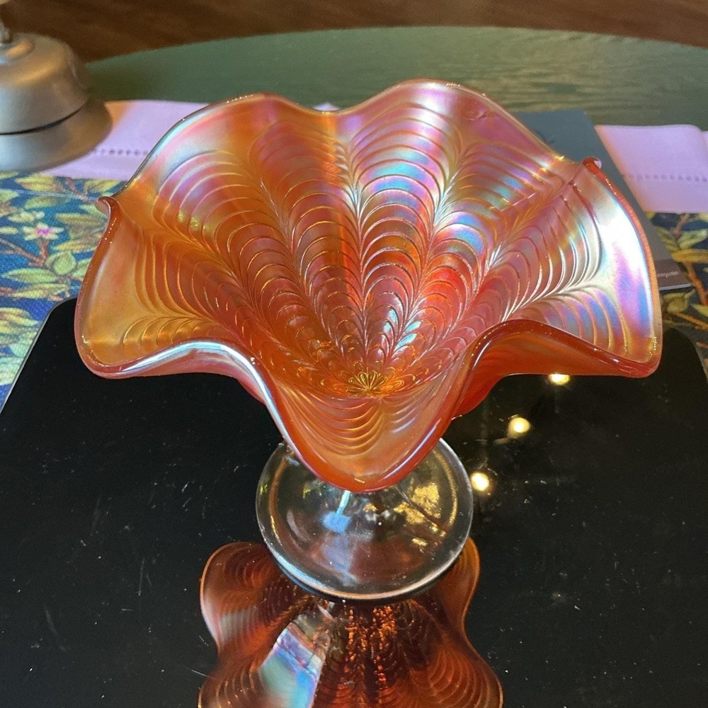 Fenton‎ Peacock Tail Carnival Glass Compote Marigold